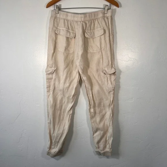 Nicole Miller Cargo Joggers Women L Beige 100% Linen European Flax Drawstring - Picture 3 of 8